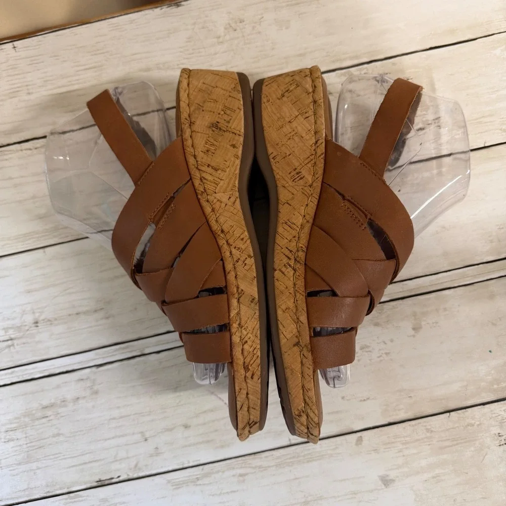 Born Wedge Sandals Womens 8 Brown Leather Strappy Woven Cork Slingback F01206